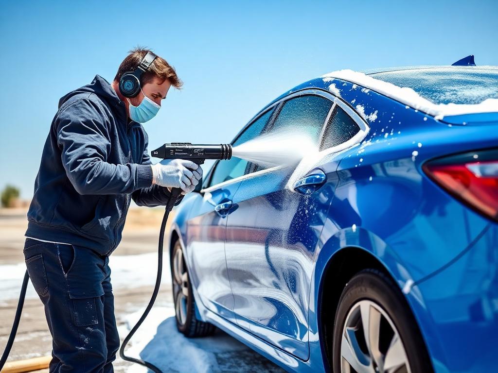 Detailer washing a blue car with snow foam